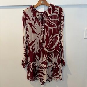 Anthropology Marias Printed Chiffon Mini Dress Burgundy Ivory Boho Ruffles Small